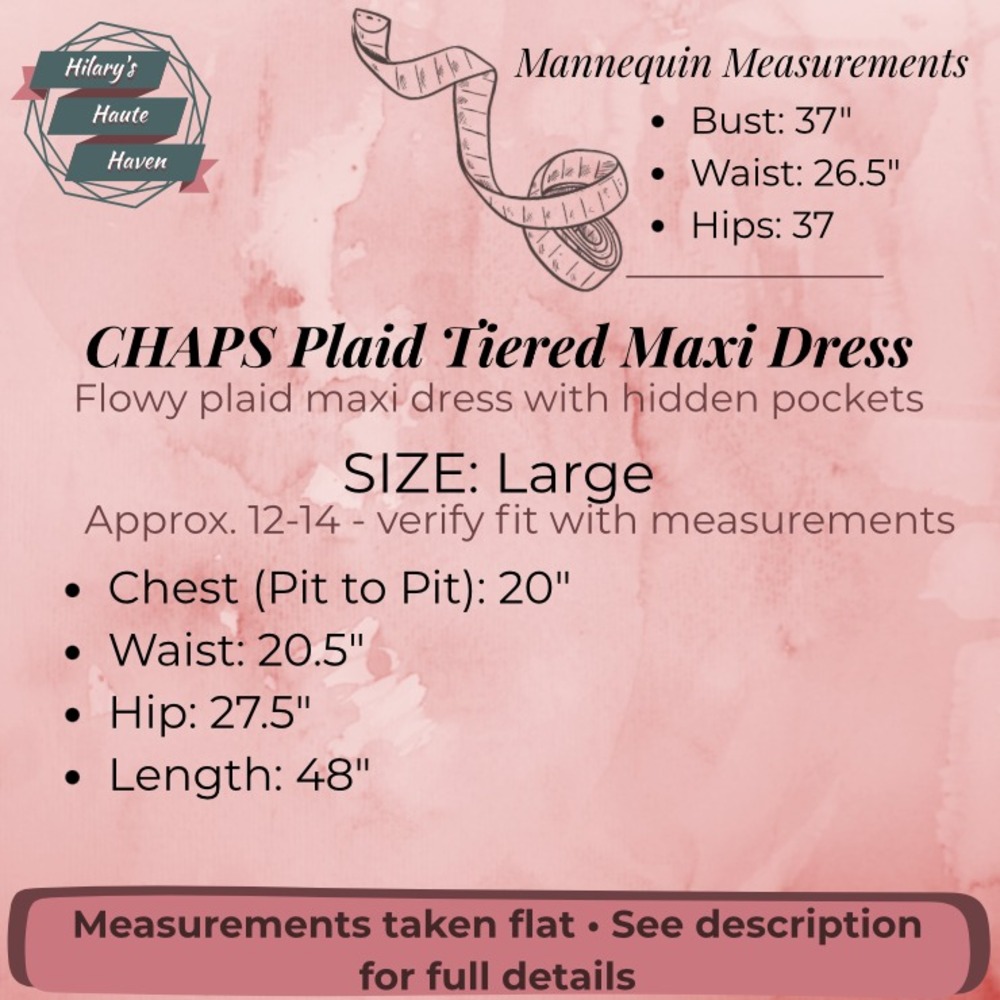 CHAPS Plaid Tiered Maxi Dress Large Mint Green Prairie Cottagecore Pockets Vneck - Picture 3 of 12